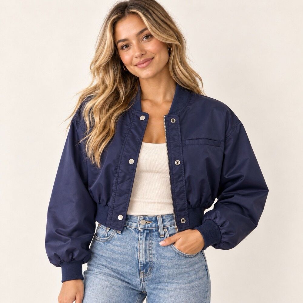 Anthropologie Pilcro Cropped Bomber Jacket Womens S Navy Blue Nylon Zip Snap